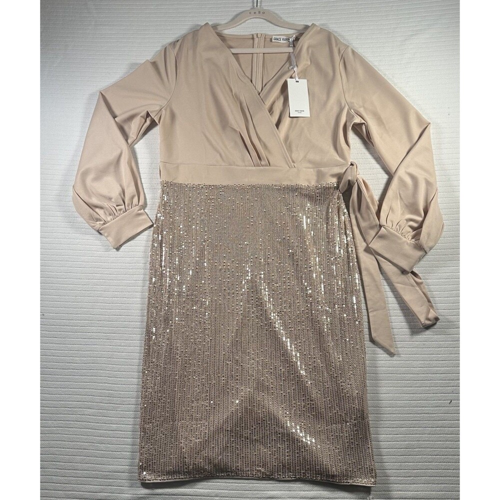 Grace Karin Women’s XL Champagne Light Brown Sequin Wrap Dress Long Sleeve
